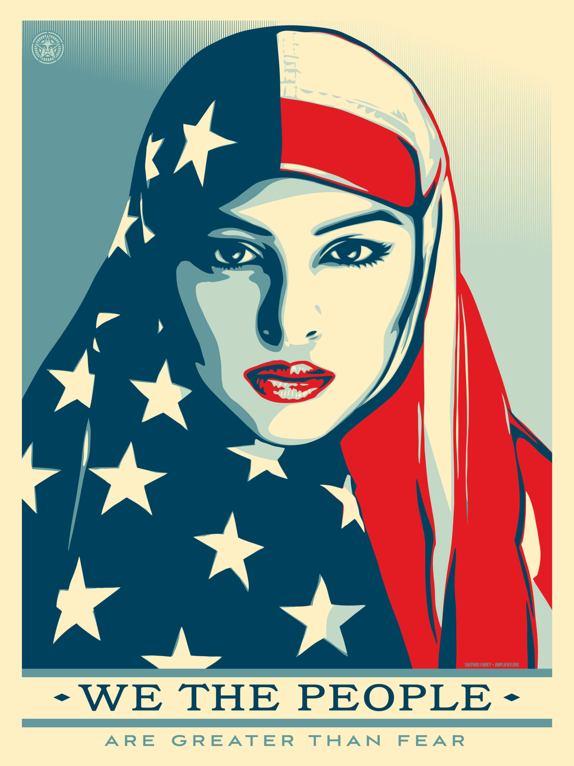 Print of a woman covering her head with an American flag and the titled "We the People."